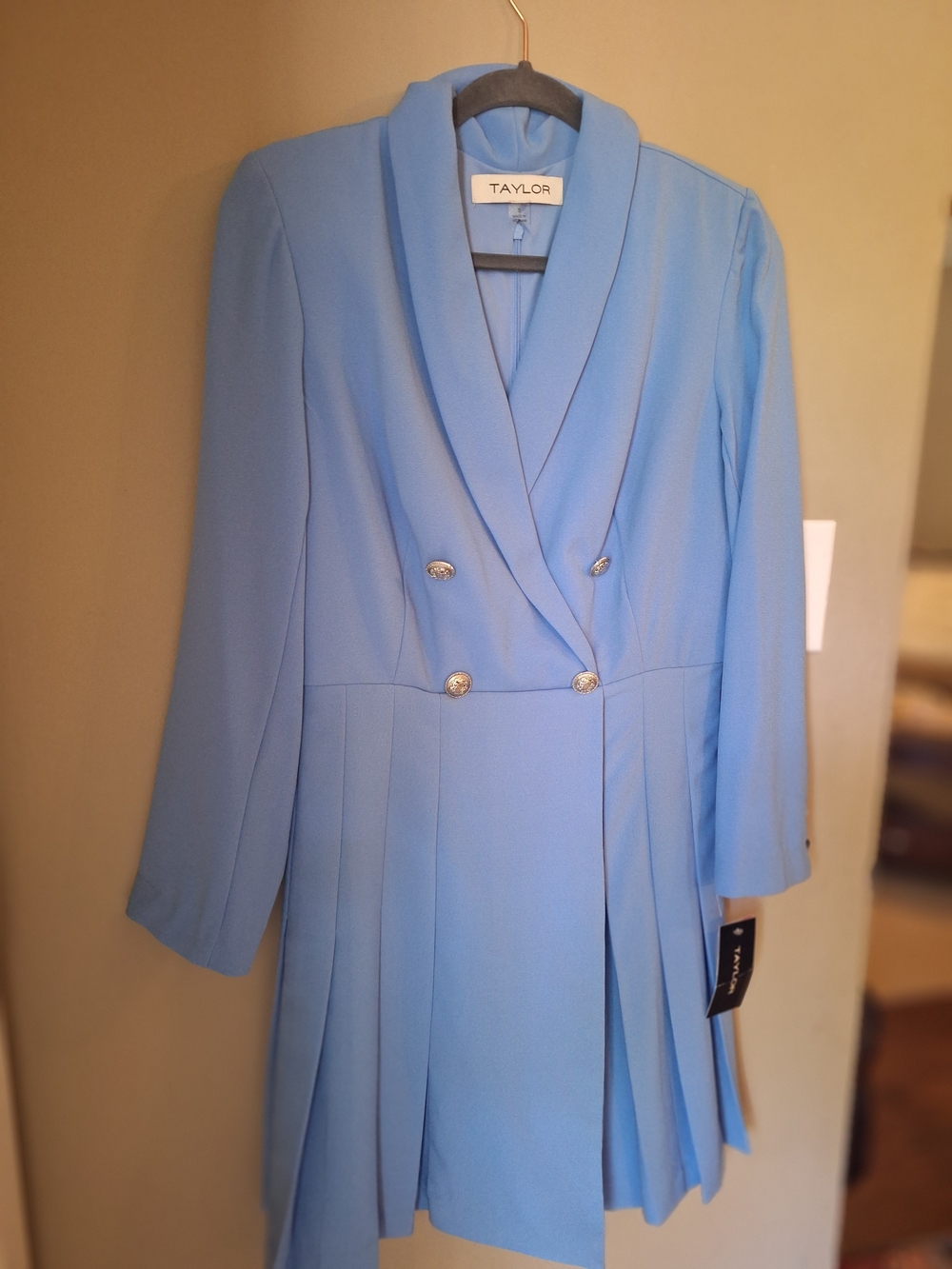 NWT Taylor Sky Blue Double-Breasted Pleated Blazer Dress 8